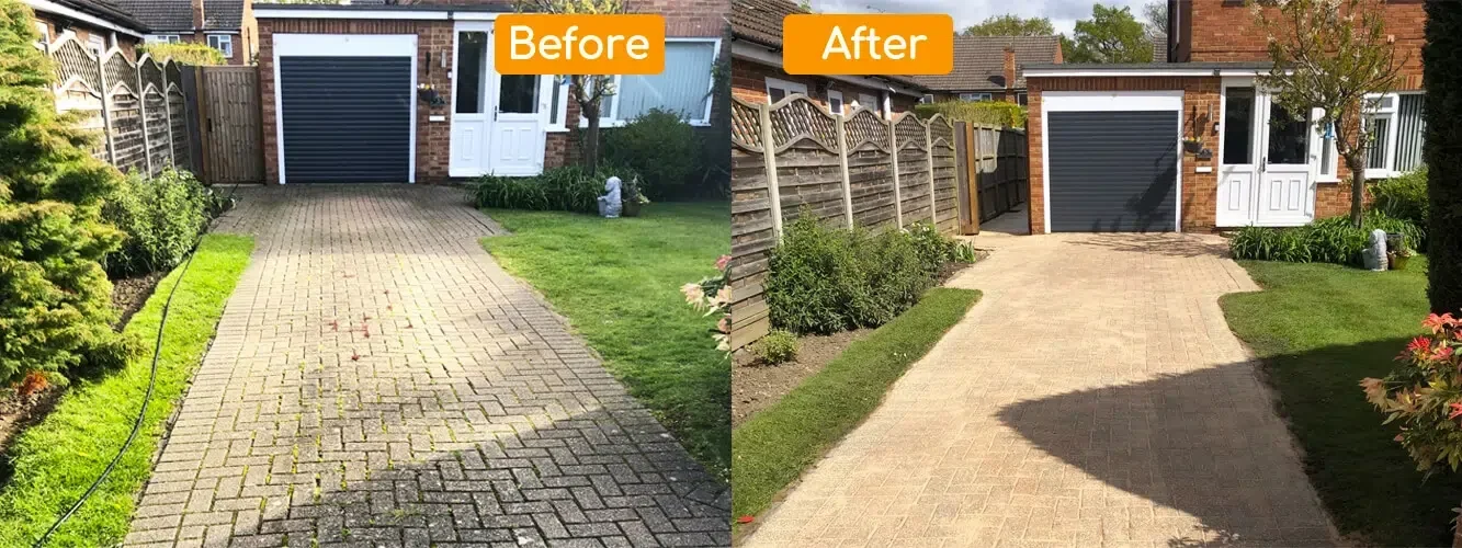 Matching before-and-after views of a paved driveway pressure washed by Sharp Hedges
