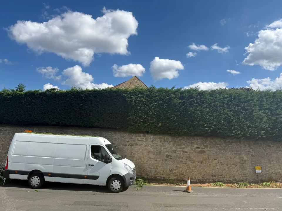 A tall hedge above a stone wall, with a van below showing the scale